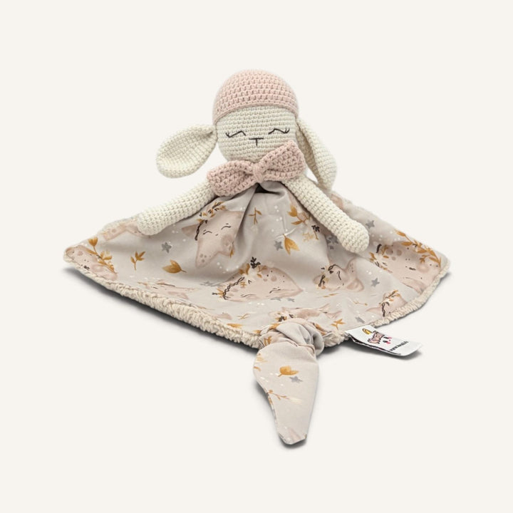 Wooly bonnet beige nœud rose avec bras, vue de face