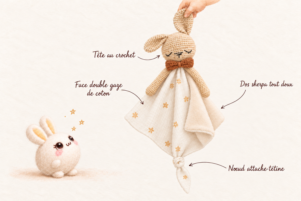 Un doudou Kwaii présenté en détail : tête au crochet, face en double gaze de coton, dos en sherpa tout doux et nœud attache-tétine, sous le regard de Yuki